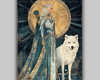 Skadi Goddess Art Print | Norse Huntress with White Wolf Art Nouveau | Viking Mythology Wall Art Winter Archer Pagan Spiritual Decor | ak18