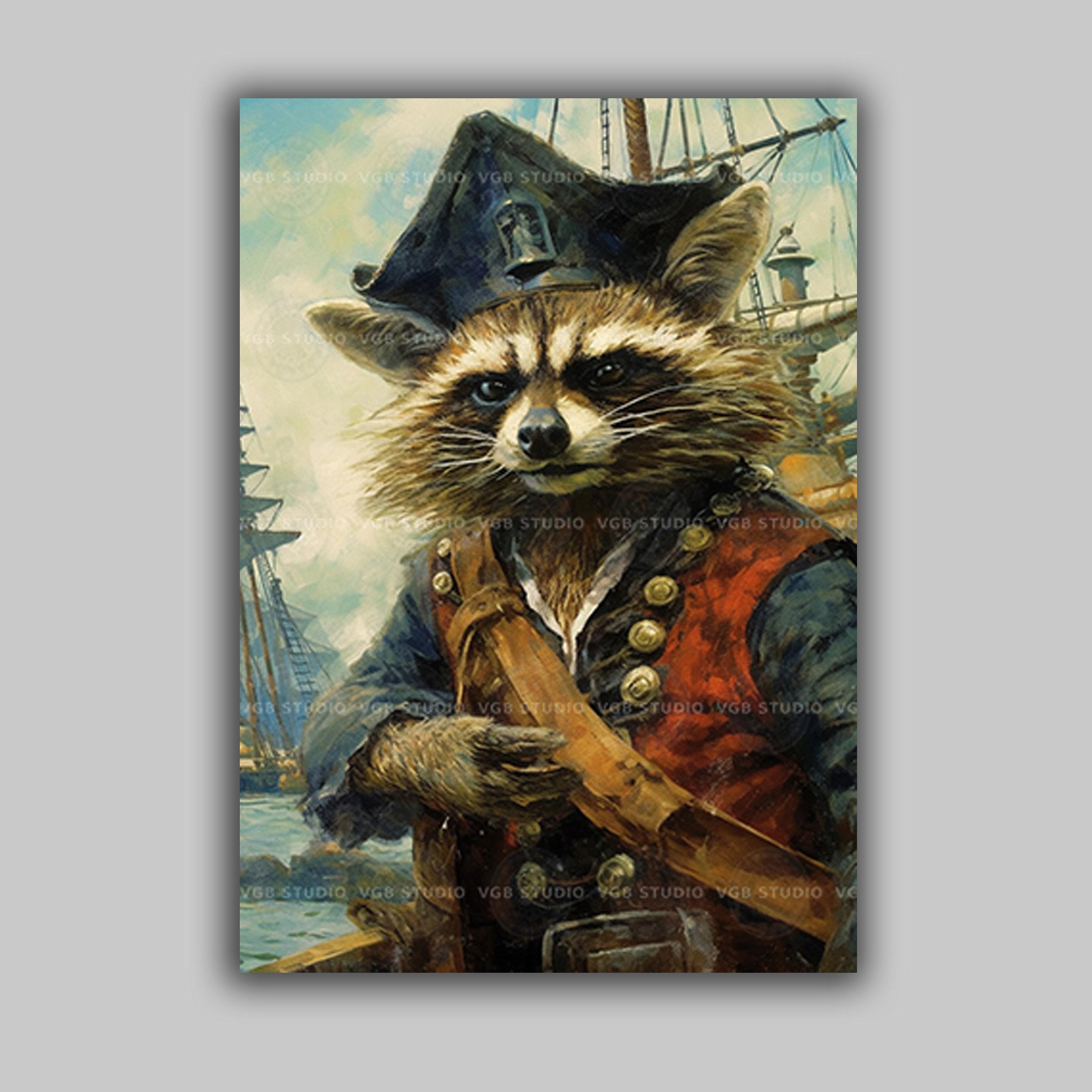 Pirate Raccoon Art Print, Animal Sea Captain at the Ships Wheel