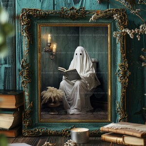 Funny Ghost Bathroom Wall Art Print, Spooky Toilet Reading Poster, Gothic Room Decor, Haunted Book Lover Artwork, Quirky Halloween Print H27 image 6