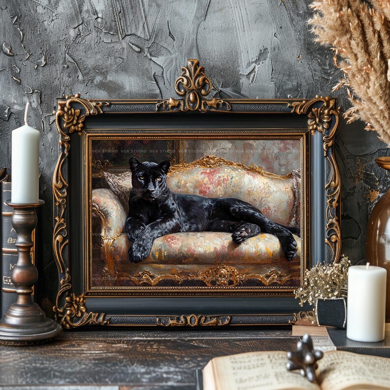 Schwarzer Panther Kunstdruck Viktorianischen Sofa Tierportrait Wunderlich Katze Dekor Galerie Wand Maximalist Katze Malerei Vintage Geschenk AH18 Bild 10