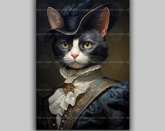 Viktorianische Katze Porträt Kunst Schwarze Tuxedo Katze Regency Kostüm Wanddekor Skurril Haustier Illustration Elegant Katzenartiger Druck Historisches Tier h88
