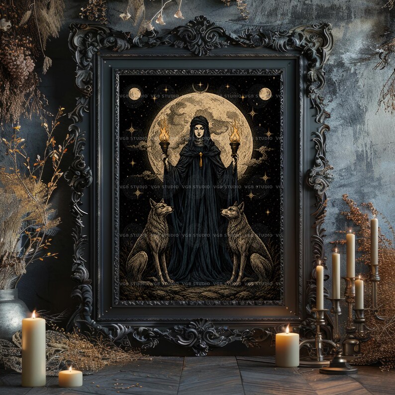 May include: A framed wall art print featuring a central figure in a black hooded cloak holding two lit torches, flanked by two wolves. The background displays a large full moon, stars, and a dark sky. The frame is ornate, black, and rectangular.