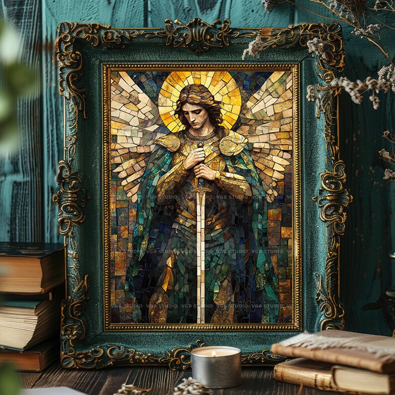 Archangel Michael Mosaic Art Print, Saint Michael Warrior Angel Sword ...