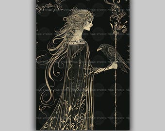 The Morrigan Art Nouveau Goddess Celtic Esoteric Altar Art, Pagan Witchcraft Wicca, Witchy Artwork , Ancient Irish Deity Print q51