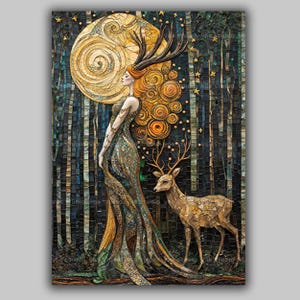 May include: A mosaic art print depicting a woman with red hair and antlers, in a long, patterned dress. A deer stands nearby in a forest, with a large golden moon behind them. The artwork has a mystical, fantasy theme, with a detailed forest background.
