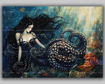Octopus Mermaid Cecaelia Art Print Dark Fantasy Ocean Goddess Tentacle Siren Illustration Mythical Gothic Marine Mystical Sea Decor AD87