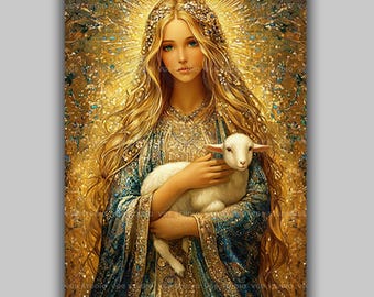 Saint Agnes Wall Art Print, Young Roman Martyr with Lamb, Golden Catholic Mosaic Portrait, Christian Gift for Her, Prayer Room Decor AP21