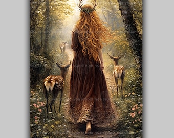 Elen of the Ways Celtic Goddess Art Print, Guardian of Pathways Deer Woodland Goddess, Mystical Pagan Sacred Feminine, Forest Spirit AE60