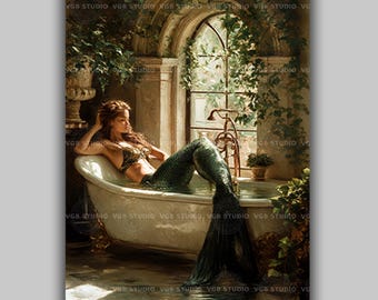Mermaid Bath Art Print | Relaxing Mermaid in Vintage Clawfoot Tub | Whimsical Bathroom Wall Art Coastal Fantasy Cottage Garden Decor | AG12