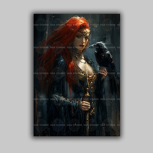 The Morrigan Art Print Celtic Goddess Raven Warrior Woman Irish Mythology Dark Fantasy Decor Red Hair Raven Queen Powerful Witch S14