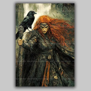 The Morrigan Wall Art, Celtic Goddess of Battle and Prophecy, Raven Shapeshifter with War Paint, Mythical Dark Witch Decor for Altars AF11