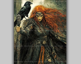The Morrigan Wall Art, Celtic Goddess of Battle and Prophecy, Raven Shapeshifter with War Paint, Mythical Dark Witch Decor for Altars AF11