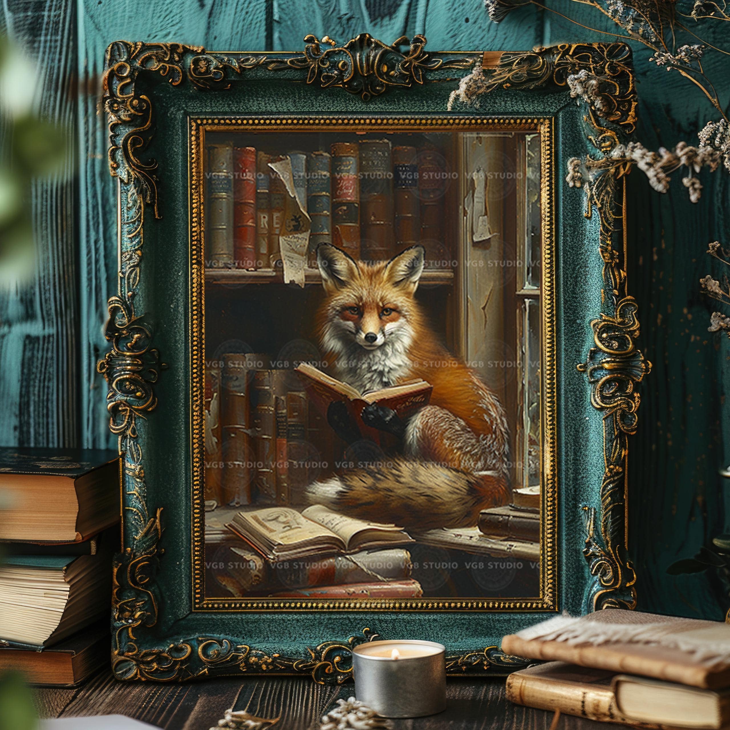 Fox Reading Book Wall Art Print, Vintage Library Animal Portrait