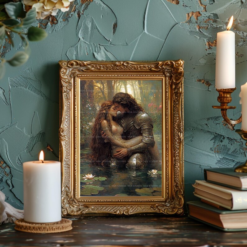 Muurdecoratie met ridder en jonkvrouw, fantasyromantiek, Arthurlegende, middeleeuwse kunst, decoratie met waterlelies, Dark Academia, sprookjesachtige cadeaus ad70T afbeelding 6