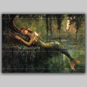 Meerjungfrau Wald Wand Kunst Verträumt See Szene Märchen Print Verzaubert Wasser Poster Gelassener Mythos Dekor Göttin Teich Illustration Natur aa39
