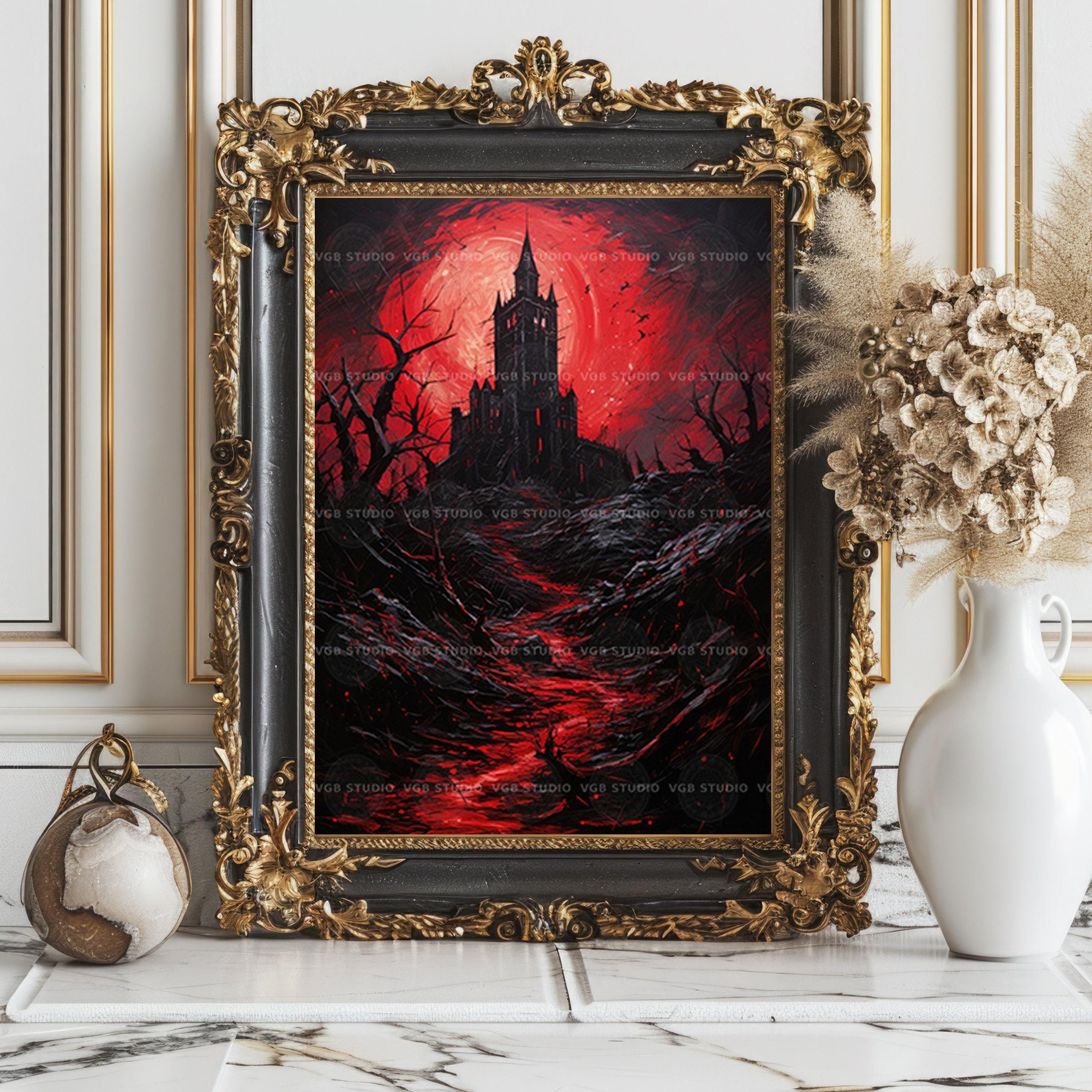 Gothic Haunted Castle Art Print Dark Fantasy Red Moon Landscape