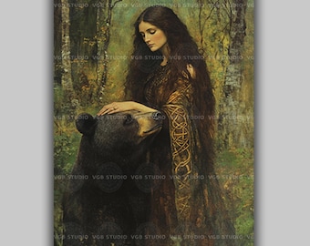 Artio Keltische beer godin print bos godheid mythologie kunst aan de muur met vrouw en beer natuur heidense decor voor Wicca altaar of druïde ruimte z30