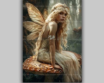 Fairy Sitting On Mushroom Art Print Enchanted Forest Fantasy Wall Decor Woodland Sprite Illustration Magical Fae Creature Mystical Home q38