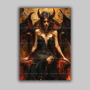 Lilith Demon Queen Art Print On Throne With Horns And Black Wings In Gothic Red Setting y04