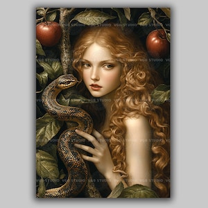 Eve and the Serpent Art Dark Garden Myth Print Forbidden Fruit Woman Snake Poster Temptation Archetype Decor Symbolic Feminine Artwork w39