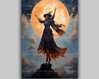 Witch Under Full Moon Art Print, Enchanting Night Sky Scene, Mystical Witchcraft Wall Art, Witchy Magical Woman Decor, Art Nouveau Deco F06