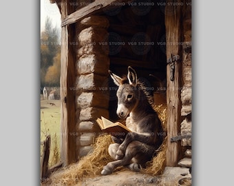 Donkey Reading a Book Art Print, Foal on Golden Straw in a Stone Barn Doorway, Rustic Autumn Farmhouse and Bookworm Decor AN31