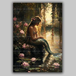 Mermaid in Lily Lagoon Pond Forest Dark Cottagecore Gothic Print, Sirent Art Poster Dark Academia Painting, Whimsical Mystical Fantasy y28