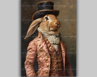 Regal Hare Baroque Pink Rococo Suit Fine Art, Whimsical Rabbit Portrait, Aristocratic Animal Victorian Woodland Creature Wall Decor s78