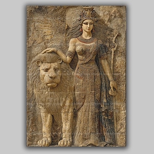 Ishtar Relief Print Mesopotamian Lion Goddess Art Inanna Decor Sacred Feminine Sculpture Divine Power Poster Babylonian Mythology Wall AG07