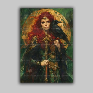 The Morrigan Art Print Celtic Goddess Raven Warrior Irish Mythology Green Gold Decor Divine Feminine Witch Wall Art Legendary Queen q59