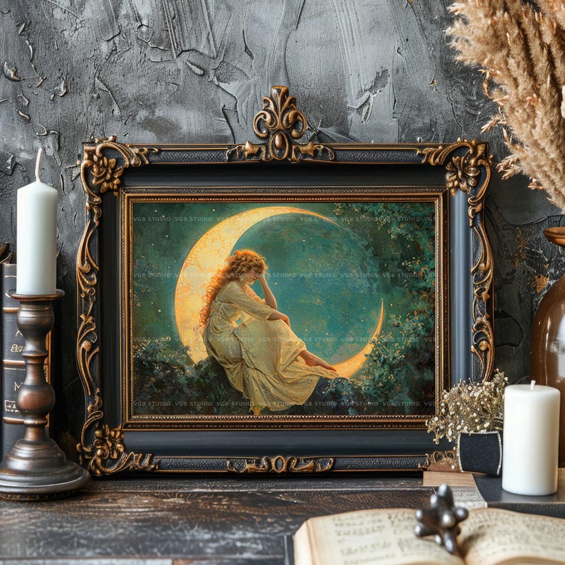 Woman on Crescent Moon Art Print | Celestial Fantasy Wall Decor | Stars Night Sky Dreamy Romantic Victorian Classical Ethereal Painting M75 image 4