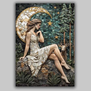 Artemis Göttin Mosaik Kunstdruck | Mond Hirsch Wanddekor | Griechische Mythologie Celestial Stars Teal Gold Naturgöttin Spirituelle Fliesenkunst | AH68