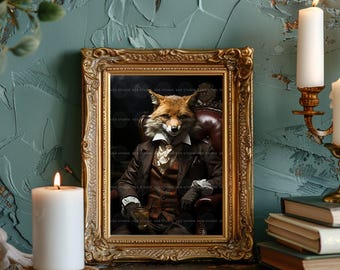 Victorian Fox Wall Art Print, Gentleman Animal Portrait, Dark