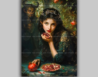 Persephone Pomegranate Art Print, Hades Greek Mythology, Pre-Raphaelite Oil Painting Underworld Decor r40