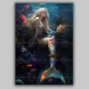 Mermaid Art Print Dreamy Underwater Fantasy Wall Decor Colorful Fish Sea Goddess Illustration Ocean Magic Mermaidcore Pastel Artwork w78