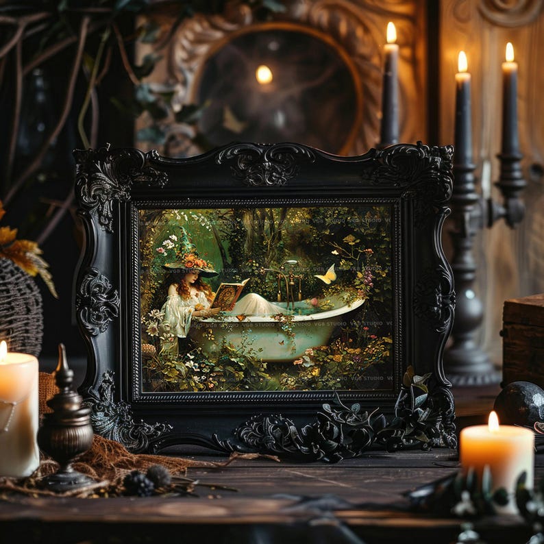 Witch Bathtub Reading Enchanted Forest Print, Fantasy Whimsical Witchy ...
