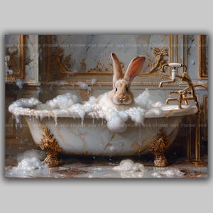 May include: Digital art print featuring a rabbit relaxing in a vintage bathtub filled with bubbles. The rabbit has brown fur and long ears. The bathtub has gold detailing and is set in a luxurious bathroom.