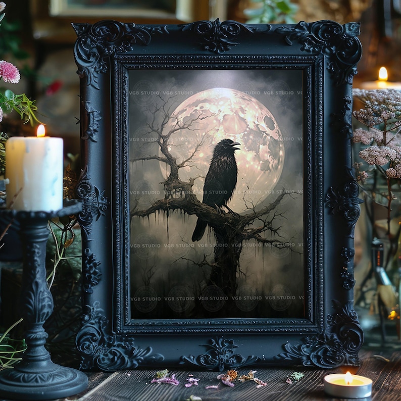 Edgar Allan Poe Raven Wall Art, Nevermore Crow Moon Print, Gothic Halloween Poster, Macabre Night Sky Painting, Spooky Corvid Home Decor H61 image 2