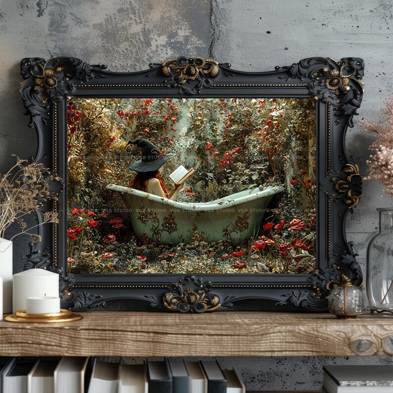 Bruja en la bañera, lámina decorativa para pared, leyendo un libro en un jardín floral, baño de brujas, estilo cottagecore oscuro, fantasía, póster horizontal Whimsigoth S86 imagen 7