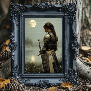Lady Knight Art Print Medieval Fantasy Woman Warrior Wall Decor Moonlight Sword Lake Arthurian Legend Romantic Armor Chivalry Heroine AH04 image 5