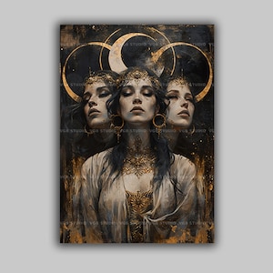 Hecate Triple Goddess Art Print | Three Faced Moon Goddess Gold Black | Greek Mythology Witchcraft Pagan Celestial Occult Wall Art k67