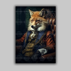 Victorian Elegant Fox Gothic Gentleman Sitting Fine Art Giclee, Baroque Animal Portrait, Whimsical Animals, Dark Academia Dressed Fox H72