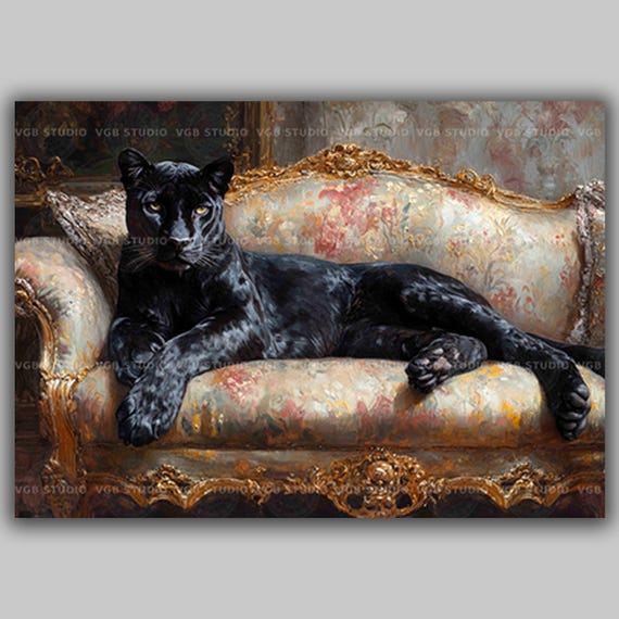 Black Panther Art Print Victorian Sofa Animal Portrait Whimsical Cat Decor Gallery Wall Maximalist Feline Painting Vintage Home Gift AH18