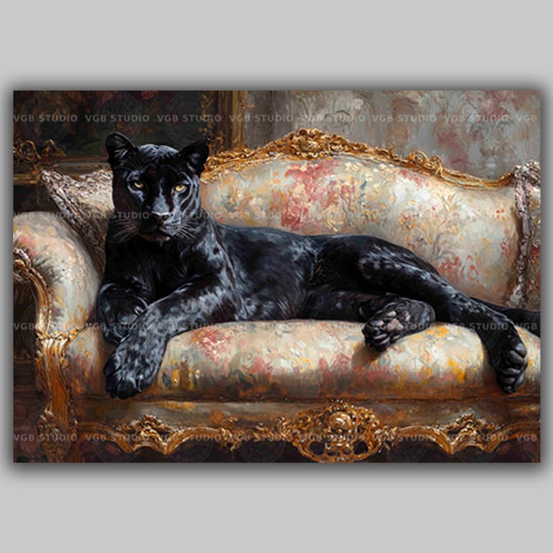 Schwarzer Panther Kunstdruck Viktorianischen Sofa Tierportrait Wunderlich Katze Dekor Galerie Wand Maximalist Katze Malerei Vintage Geschenk AH18 Bild 1