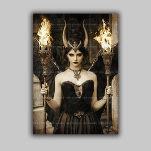 Hecate Greek Goddess Witchcraft Night Art Deco, Hekate Crossroads Magic Full Moon Holding Torches Art Print, Witchy Pagan Esoteric Art t06