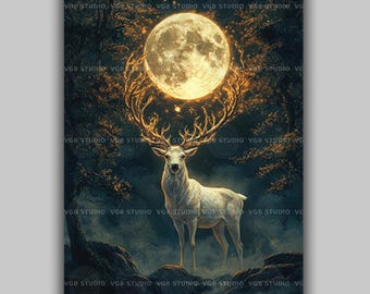 May include: A digital art print featuring a white deer with large antlers, standing in a forest. A large, glowing moon is positioned above the deer's head, surrounded by a golden aura. The artwork has a mystical, fantasy theme.