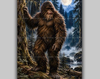 Bigfoot Wall Art Print, Cryptid Gifts, Rustic Cabin Decor, Nature Inspired, Mystical Forest, Legendary Creature, Full Moon Painting AP06