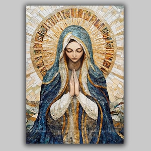 May include: A mosaic-style artwork depicting a woman with folded hands, wearing a blue cloak and a head covering. A golden halo surrounds her head, and the background features a mosaic pattern. The artwork has a religious theme.
