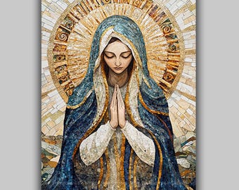 Virgin Mary Art Print Our Lady Madonna Mosaic Style Christian Icon Catholic Wall Art Blessed Mother Spiritual Decor Marian Prayer Art AJ84