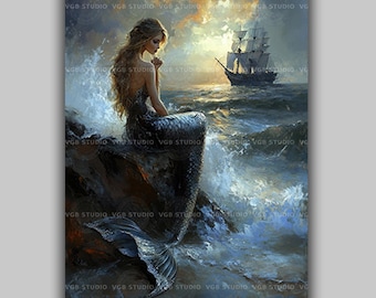 Impression d'art mural sirène, peinture sirène de l'océan, oeuvre d'art nautique fantastique décor mythologie côtière, navire paysage marin Portrait nymphe de la mer affiche AD09